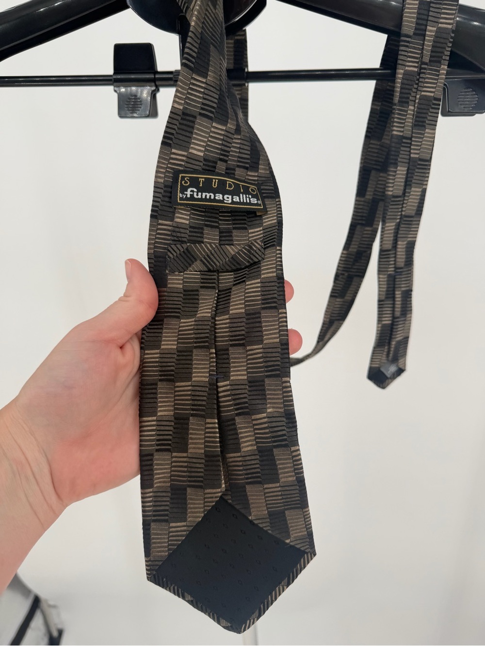 Silk Men's Geometric Pattern Tie in Brown and Black - Picture 3 of 5